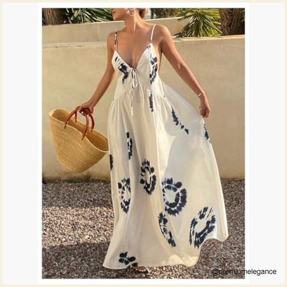 Boho Floral Backless Maxi Dress Tie Front Deep V Neck Sleeveless A Line - Picture 5 of 5